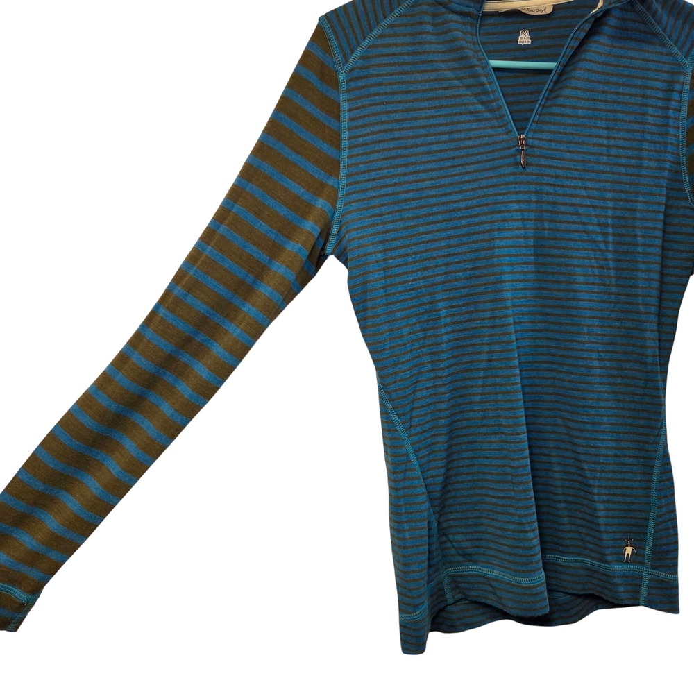 Smartwool Womens M Striped Quarter Zip Pullover Blue Brown Merino Wool Shirt - Picture 2 of 6